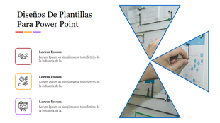 Diseños De Plantillas Para Power Point with three business themed icons and a segmented triangular image showing a hand.