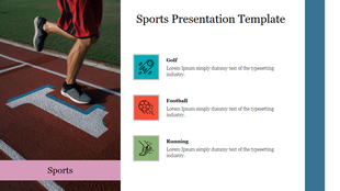 Sports slide featuring a runner legs on a track with number and three colorful icons in teal, red, and green, on the right.