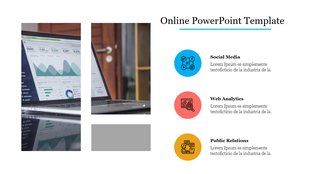 Template layout featuring data visualization and three infographic icons with captions Diapositivas Online PowerPoint Gratis.