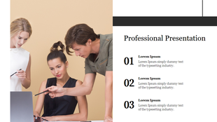 Slide with three professionals collaborating at a laptop, with a beige background and numbered text blocks on the right.