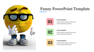 Funny slide showcasing a 3D smiling emoji wearing glasses and sneakers along with three colorful numbered text boxes.