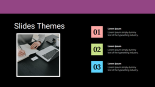 Image based slide design with modern black background, white-framed photo of a desk setup, and colorful numbered text blocks.