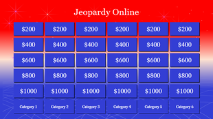 Jeopardy style game board with six categories and rows of dollar values, set against a red and blue gradient background.