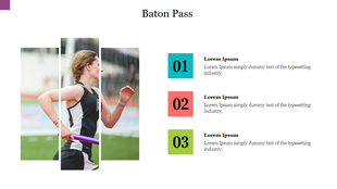 A segmented photo of a runner holding a baton, paired with three color coded numbered blocks with captions on the right.