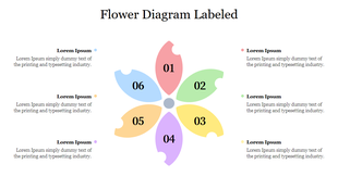 Flower diagram with six colorful petals labeled with numbers and text in pink, green, yellow, purple, orange, and blue.