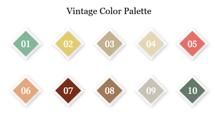 Vintage Color Palette with ten diamond-shaped color  numbered 1 to 10. Each colour represents a different muted color.