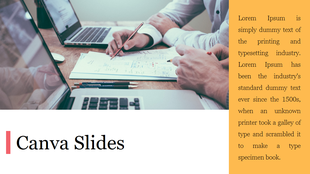 Canva slide featuring a collaborative work scene with two people reviewing documents beside laptops with text area.