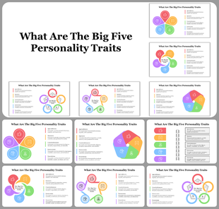 Slide deck showcasing the big five personality traits, with various layouts in red, yellow, green, blue, and purple.