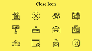 Collection of close icons including closed signs, locks, and a cross symbol on a bright yellow background.