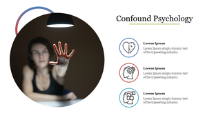 Slide layout featuring a woman reaching out, with three psychology icons in blue, red, and teal beside placeholder text.