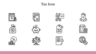 Tax icon set featuring a variety of black and white line illustrations representing different aspects of taxation.