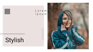 Modern layout combining neutral tones and bold photography, with a stylish text block and a cheerful woman in a sweatshirt.