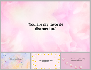 Collage of four romantic quote slides with pastel backgrounds, including pink florals, stars, daisies, and rose decorations.