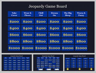 Jeopardy game slide deck with dark blue backgrounds and gold dollar values for interactive game use.