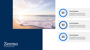 Beach photo with ocean waves, and three numbered text sections, on a blue and white split background.