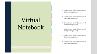 Virtual notebook slide with a green cover, multicolored side tabs, and a checklist of five bullet points on the right.
