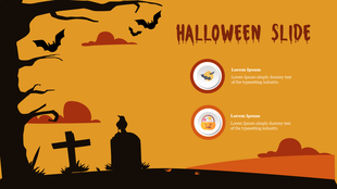 Dark orange Halloween slide with silhouettes of a tree, cross, raven, and bats, and two info blocks with icons and text.