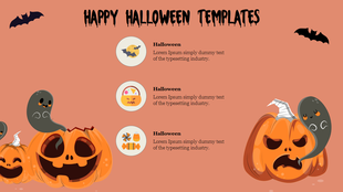 Orange background slide with spooky black title, ghost characters, carved pumpkins, and three Halloween content sections.