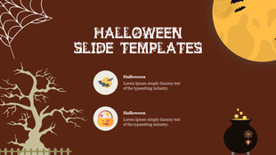 Halloween with spooky brown background, full moon, cauldron, barren tree, spider web, and two circular icon text sections.