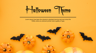 Slide featuring a Halloween header, black divider line, centered dummy text, and festive decorations of pumpkins and bats.