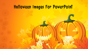Cheerful Halloween background with swirling eyes pumpkin, grinning face, and yellow-orange fall leaves under a spooky title.