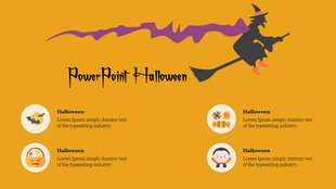 Orange background with a witch flying on a broomstick, purple smoke trail, and four circular icons with halloween themes.