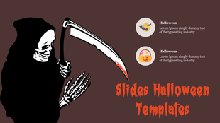 Halloween slide with a grim reaper holding a scythe, two icons with text, and a spooky title, set on a dark brown background