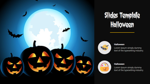 Halloween slide with glowing jack-o’-lanterns under a full moon on the left and two circular icons with text on the right.