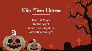 Slide design with Halloween illustrations including a pumpkin, ghost, candy, and witch hat icons aligned with text.