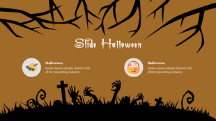 Halloween slide with spooky tree branches, graveyard silhouettes, and two round icons with text, on a brown background.