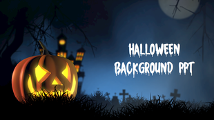 Halloween scene featuring large carved pumpkin, silhouetted graveyard, haunted house with lit windows, and spooky full moon.