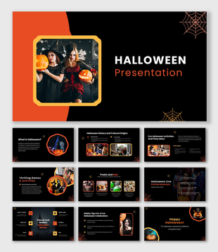 Halloween slides with black orange theme, witch, pumpkins, web shapes, text boxes and visual layout.