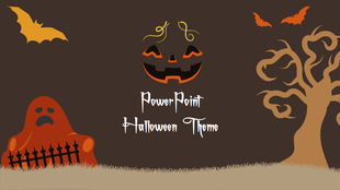 Halloween slide featuring a pumpkin, bats, a ghost, and a twisted tree, set against a dark brown background.