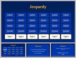 A pack of jeopardy game slides featuring a grid of topics and point values for interactive quiz sessions on a blue theme.