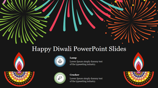 Dark background Diwali slide with colorful fireworks at the top, two decorative diyas at the bottom, and in the center.