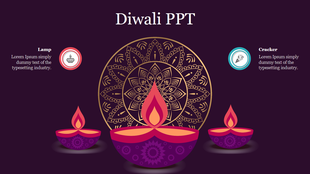 Diwali template with three decorated lamps featuring a central mandala design and two captions, on a purple backdrop.
