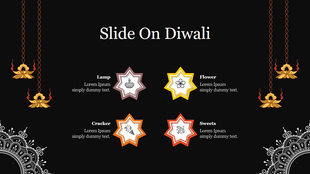 Decorative Diwali slide with hanging lamps, intricate corner designs, and four star shaped icons, on a black background.