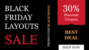Black Friday sale advertisement with text in red and white, highlighting a discount and a promo code, on a dark backdrop.