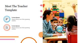 A classroom scene with a teacher and students exploring a globe, with two icons and descriptions, featuring colorful accents.