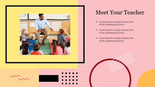 Bright educational slide with teacher engaging a group of kids, bordered by modern shapes and pastel colors.