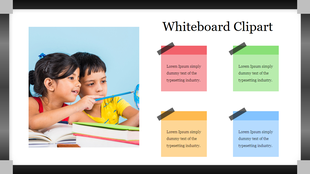 Whiteboard clipart with sticky note icons in orange, green, yellow, and blue, alongside a photo of two children studying.