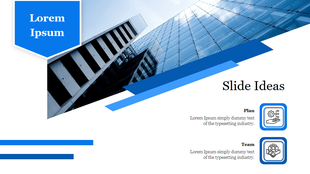 Modern business slide with a photo of a glass building on the left, blue geometric accents, and icons for plan.