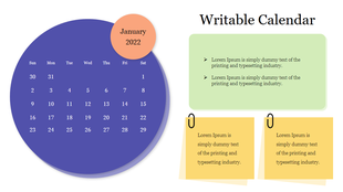 Monthly calendar template showing January 2022 with writable boxes in green and yellow for custom notes and highlights.