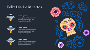 Feliz dia de muertos slide featuring colorful skull illustrations and decorative floral designs on a dark background.