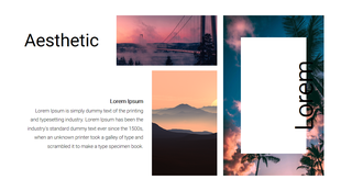 Artistic slide with three rectangular photo elements showing dreamy landscapes and placeholder text areas.