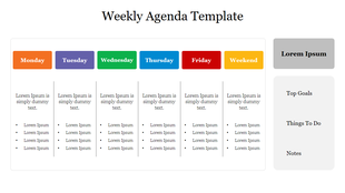 Weekly agenda slide with colorful sections for each day in orange, purple, green, blue, red, and yellow, and gray notes aea.