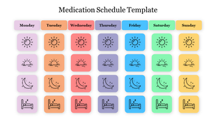 Weekly medication schedule template with days of the week and colored icons for morning, afternoon, and night.