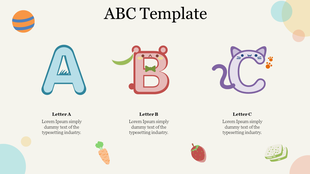 Creative alphabet design with letters A, B, and C, each with unique artwork with three caption areas.