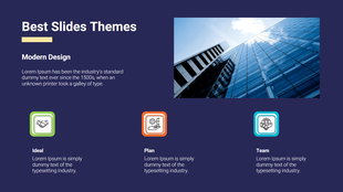 Blue background slide showing a building image and three colored icon blocks with text labels: Ideal, Plan, and Team.