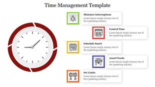 Red accented clock on the left, connected to five vibrant icons with corresponding text boxes on a clean white background.